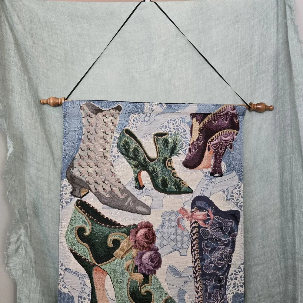 Victorian Themed Wall Hanging Tapestry Girlie Shoes Boots Rod & Ribbon 17